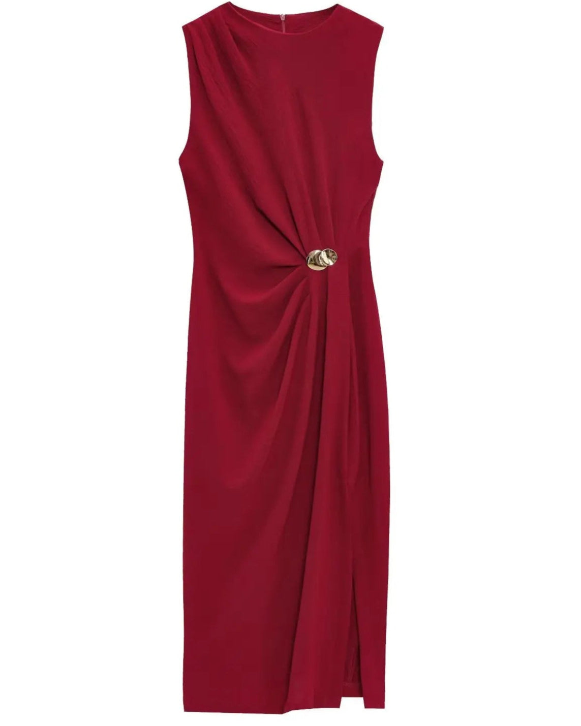 Vestido Midi com Pregas Decorativas – Elegância Minimalista e Recorte com Zíper na Barra