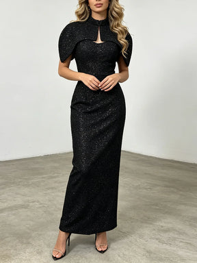Conjunto Elegante em Tweed e Vestido Longo Escultural