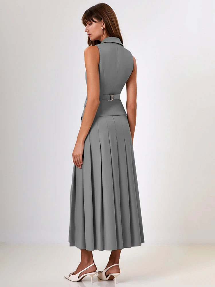 Conjunto Colete Transpassado e Saia Longa Plissada - Estilo e Conforto