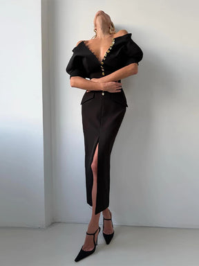 Vestido Midi Alfaiataria com Botões Dourados e Ombreira
