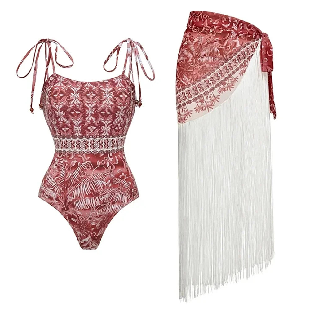 Conjunto  Maiô Estampado com Franja e Efeito Modelador