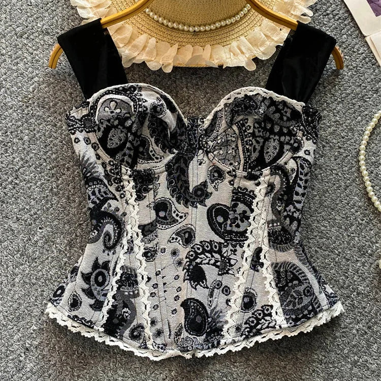 Top de Alças Estampado com Detalhes em Renda
