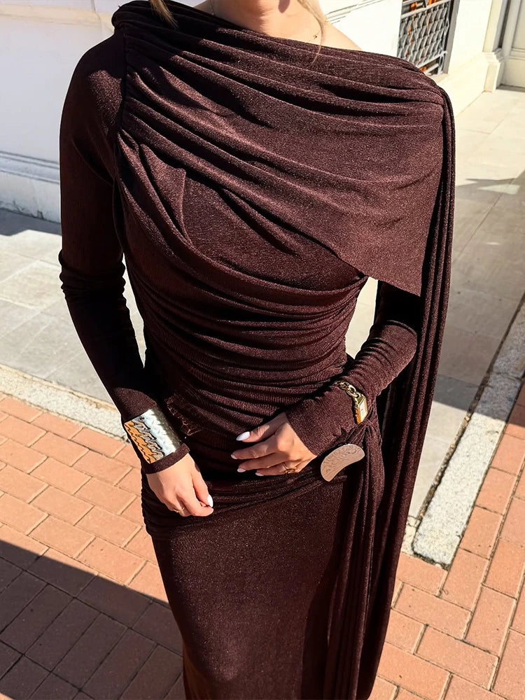 Vestido Longo Ajustado ao Corpo de Manga Longa com Franzido e Fita Lateral