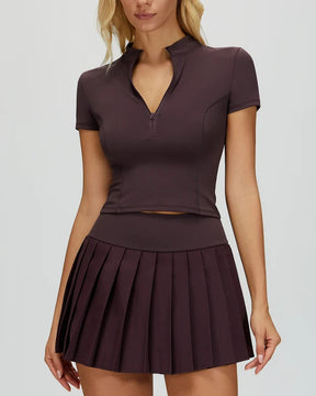 Conjunto Esportivo Feminino – Blusa com Zíper + Saia Plissada Cintura Alta | Tênis, Golfe e Treinos