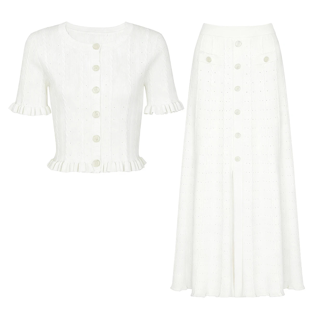 Conjunto Elegante em Tricot com Manga Curta e Saia