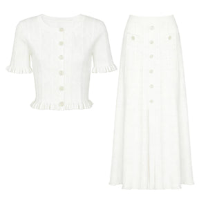 Conjunto Elegante em Tricot com Manga Curta e Saia