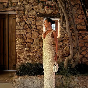 Vestido Longo Elegante com Decote V e Flores 3D – Modelo Slim, Sem Mangas, Midi/Maxi