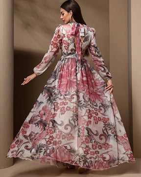 Vestido Longo Floral – Recortes Sofisticados, Manga Longa e Amarração nas Costas