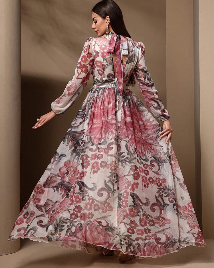 Vestido Longo Floral – Recortes Sofisticados, Manga Longa e Amarração nas Costas