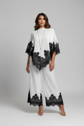 Conjunto Cetim com Aplicação de Renda, Blusa Capa e Calça Wide Leg