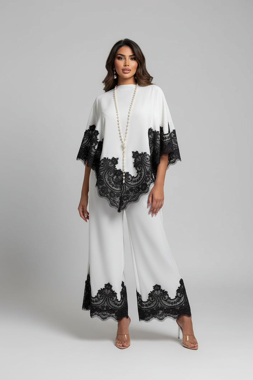 Conjunto Cetim com Aplicação de Renda, Blusa Capa e Calça Wide Leg