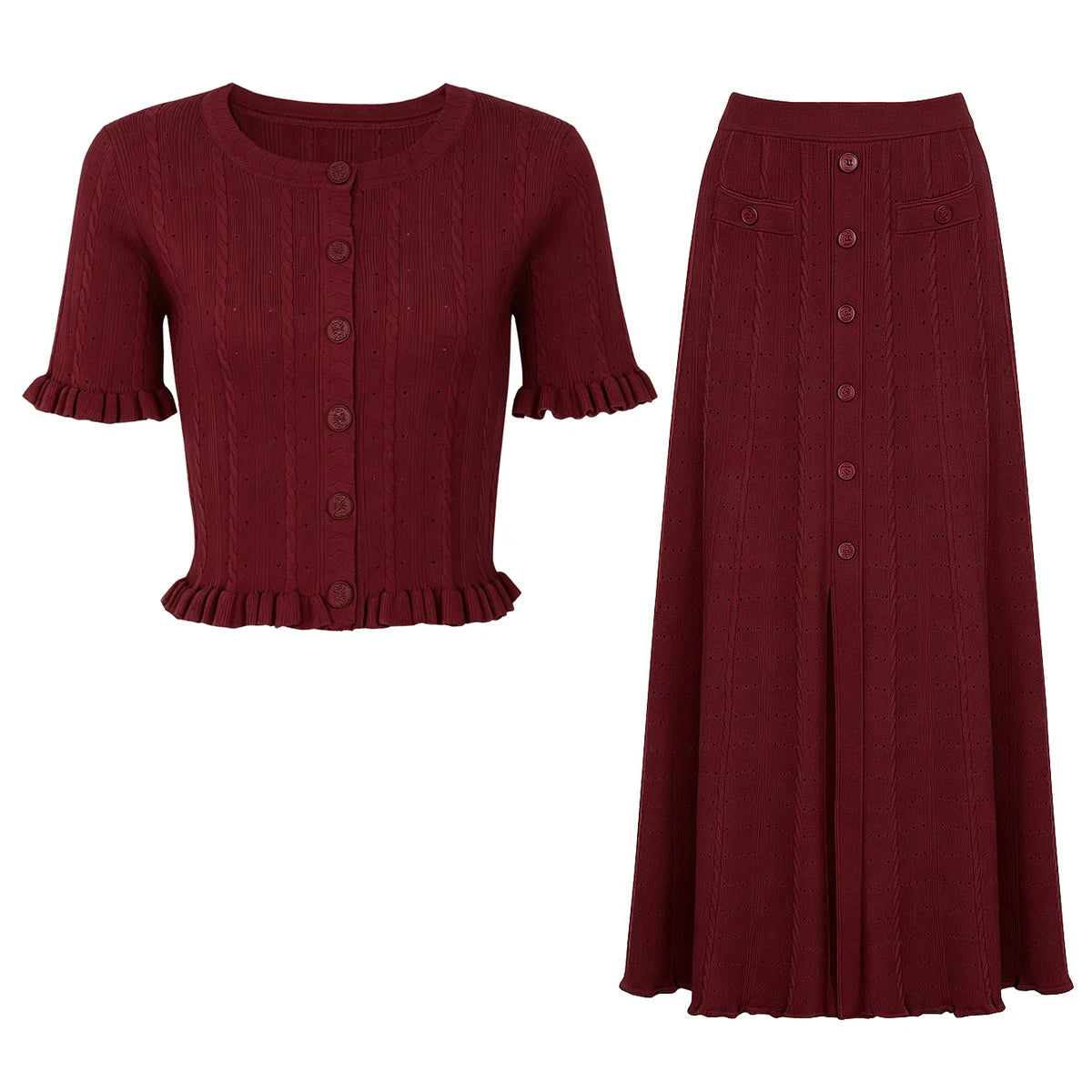 Conjunto Elegante em Tricot com Manga Curta e Saia