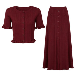 Conjunto Elegante em Tricot com Manga Curta e Saia