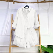 Conjunto Casual – Camisa de Manga Longa e Shorts de Cintura Alta