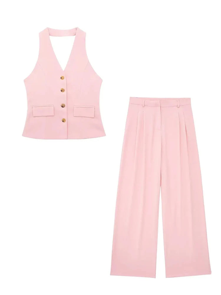 Conjunto Colete Halter Sem Mangas com Bolsos + Calça Pantalona Cintura Alta, Look Executivo Moderno