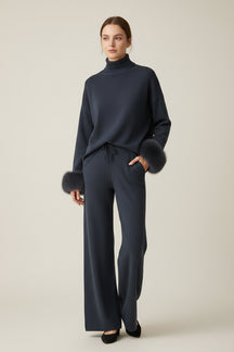 Conjunto Sofisticado de Inverno: Blusa com Punhos em Textura e Calça