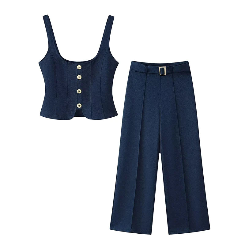 Conjunto Alfaiataria Linéa Classique - Top Curto com Botões & Calça Flare de Cintura Média