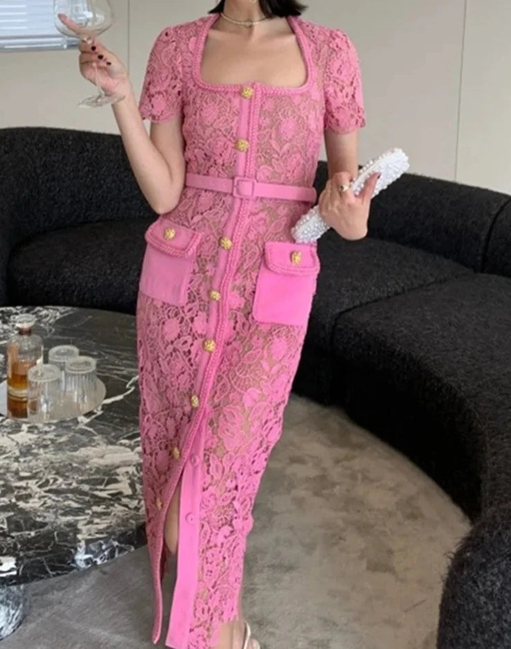 Vestido Renda Com Cinto - Luxo