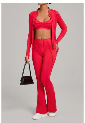 Conjunto Esportivo Feminino 3 Peças – Jaqueta com Zíper + Top + Calça | Yoga, Corrida e Treinos ao Ar Livre