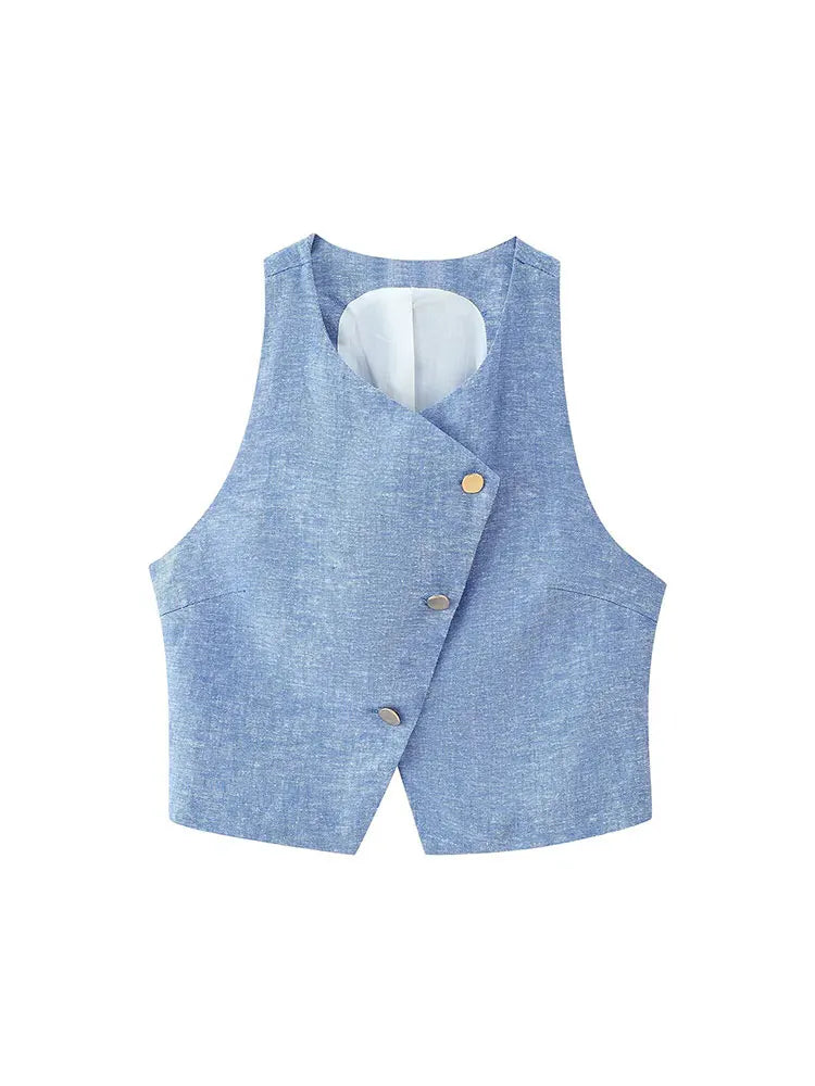 Conjunto – Colete Sem Mangas com Botões + Calça Reta com Cinto, Look Casual Chic 2 Peças