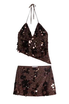 Conjunto com Saia Mini Brilhante e Top Halter Bordado à Mão