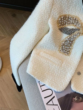 Blazer de Tweed Branco com Laço Metálico