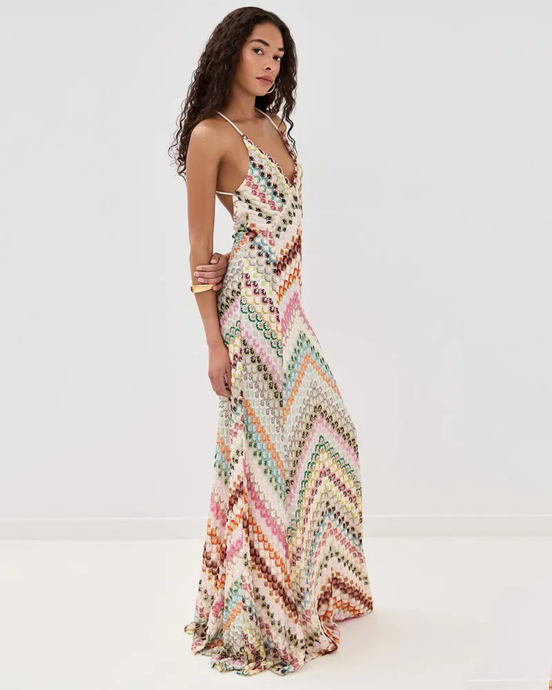 Vestido Longo de Crochê Decote V com Amarração — Elegante, Fresco para o Verão