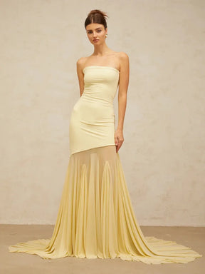 Vestido Maxi Escultural Amarelo com Estrutura de Corpete e Saia Fluida