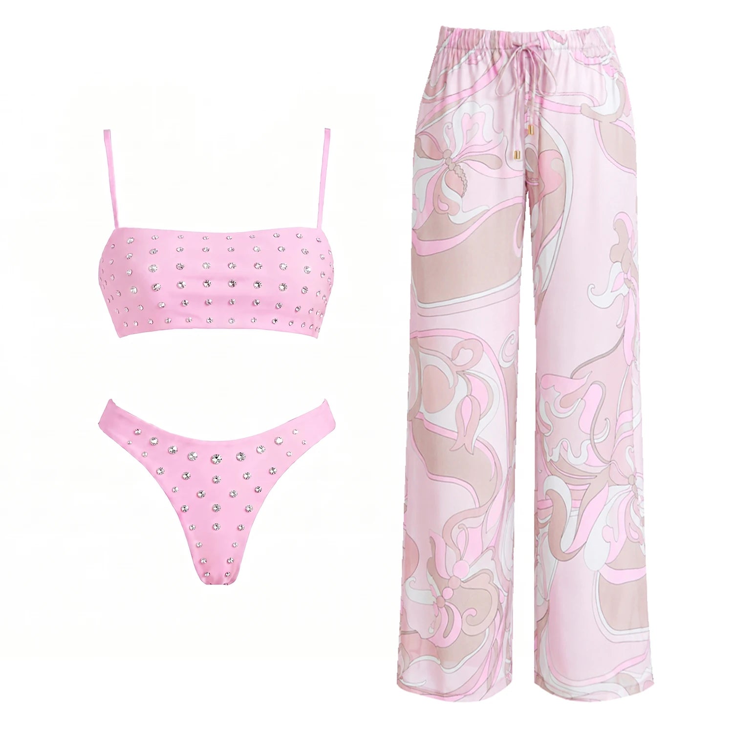 Conjunto de Biquíni Aplicações de Cristais e Calça Pantalona Estampada