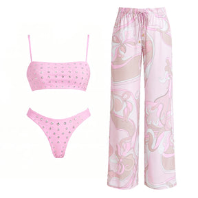 Conjunto de Biquíni Aplicações de Cristais e Calça Pantalona Estampada