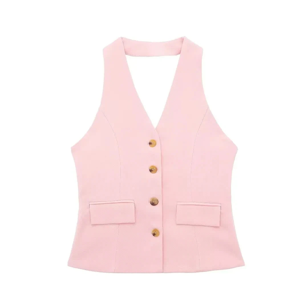 Conjunto Colete Halter Sem Mangas com Bolsos + Calça Pantalona Cintura Alta, Look Executivo Moderno