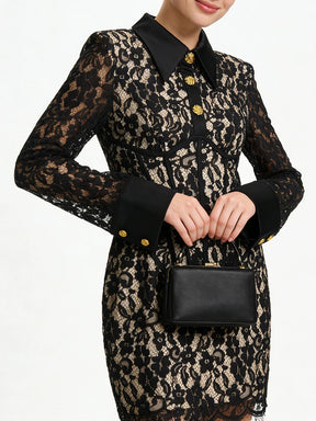 Vestido Curto Renda, Cintura Alta e Modelagem Modeladora com Gola