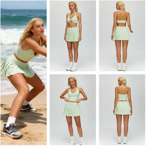 Conjunto Esportivo Feminino 2 Peças – Saia Plissada + Top Halter com Bojo | Tênis, Golfe e Treinos