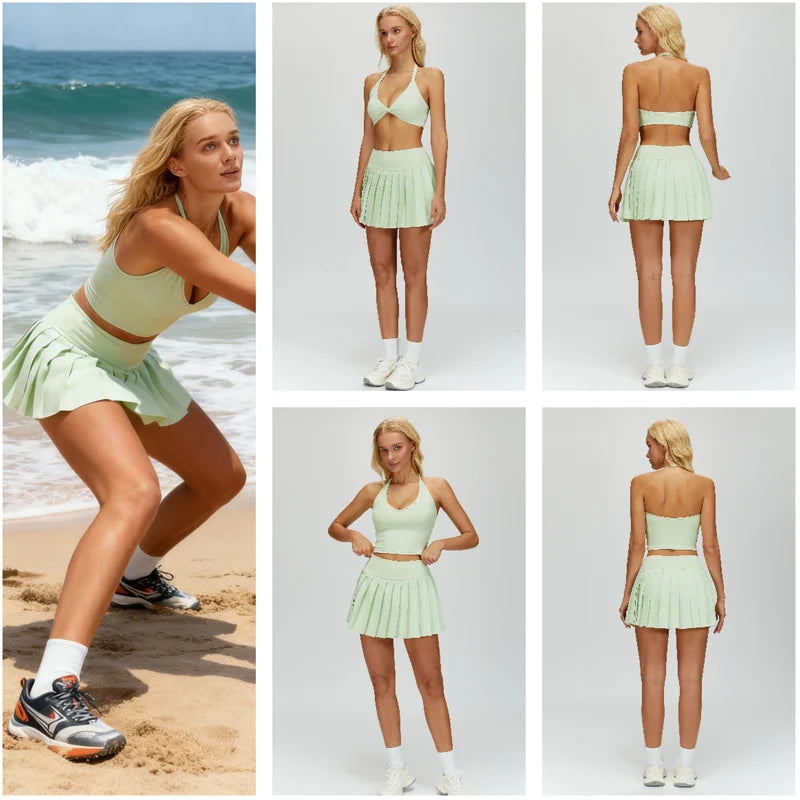 Conjunto Esportivo Feminino 2 Peças – Saia Plissada + Top Halter com Bojo | Tênis, Golfe e Treinos