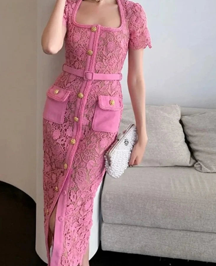 Vestido Renda Com Cinto - Luxo