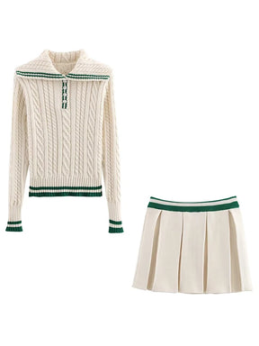 Conjunto Feminino Elegante de Tricô com Gola Lapel e Manga Longa
