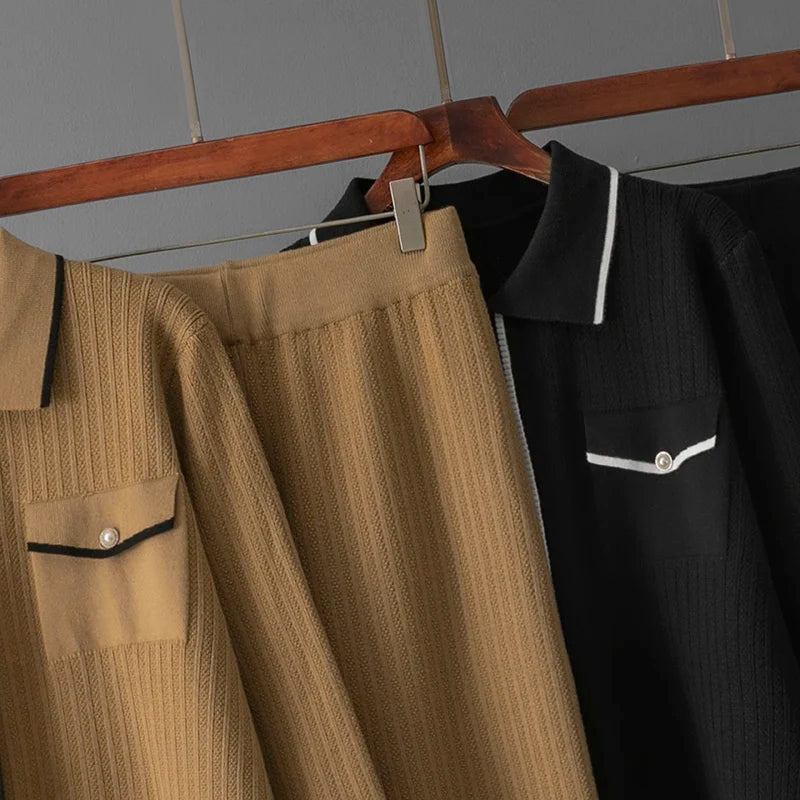 Conjunto Feminino - Estilo Francês em Tricô com Gola Polo e Calça Longa