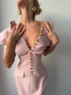 Vestido Midi Alfaiataria com Botões Dourados e Ombreira