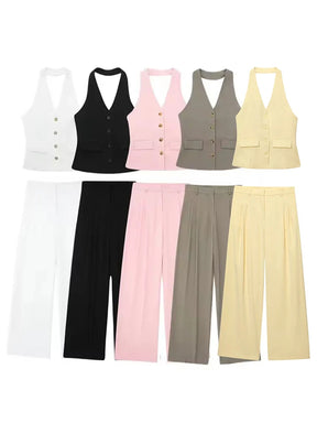 Conjunto Colete Halter Sem Mangas com Bolsos + Calça Pantalona Cintura Alta, Look Executivo Moderno