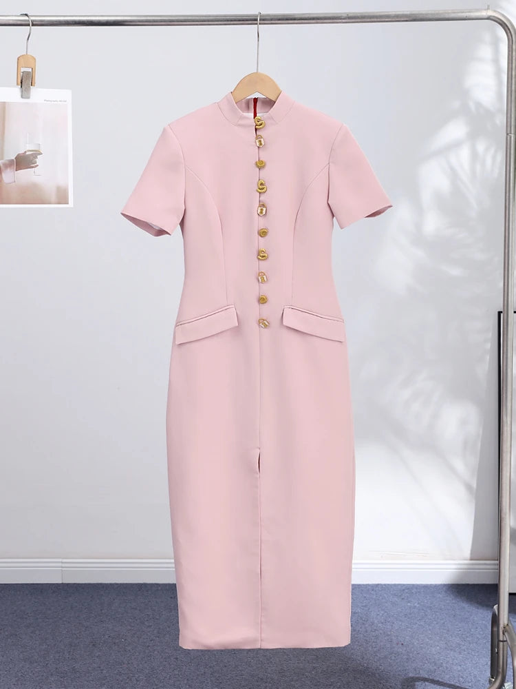 Vestido Midi Alfaiataria com Botões Dourados e Ombreira