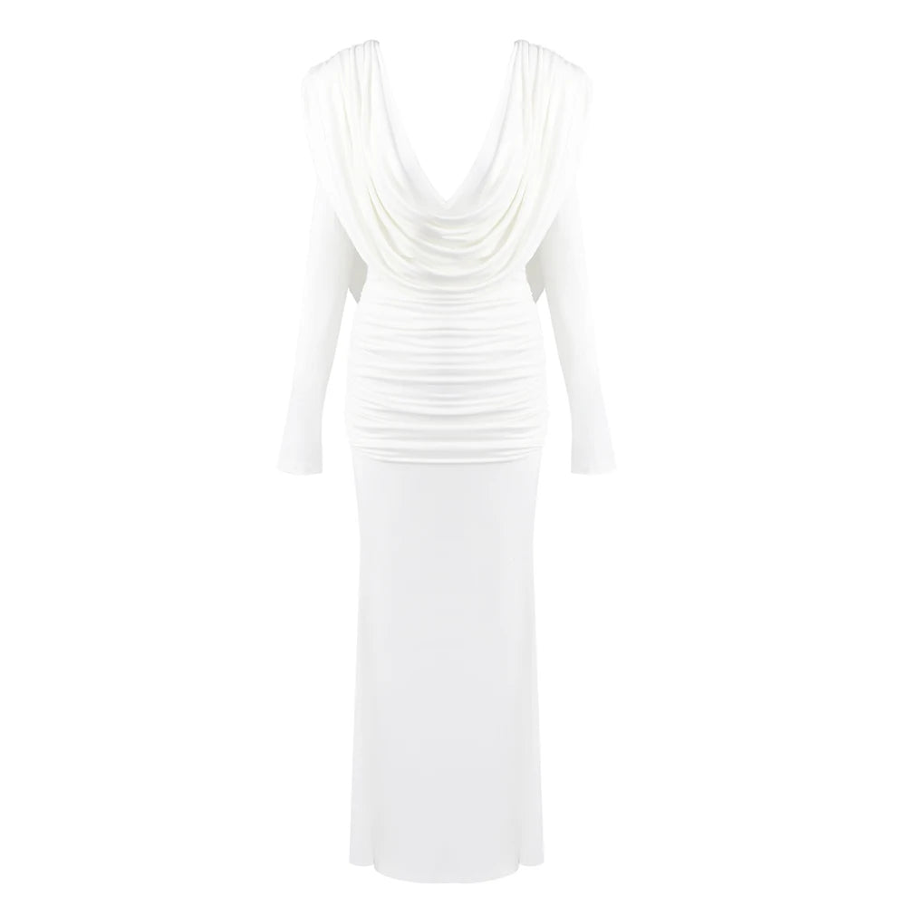 Vestido Longo Marrom com Gola Drapeada e Manga Longa