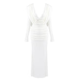 Vestido Longo Marrom com Gola Drapeada e Manga Longa