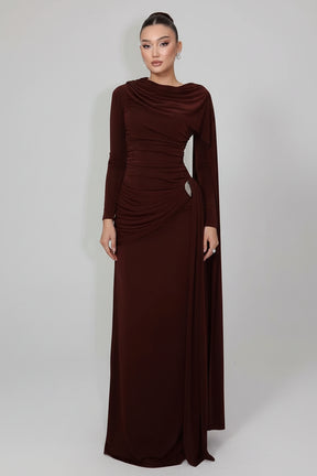 Vestido Longo Ajustado ao Corpo de Manga Longa com Franzido e Fita Lateral