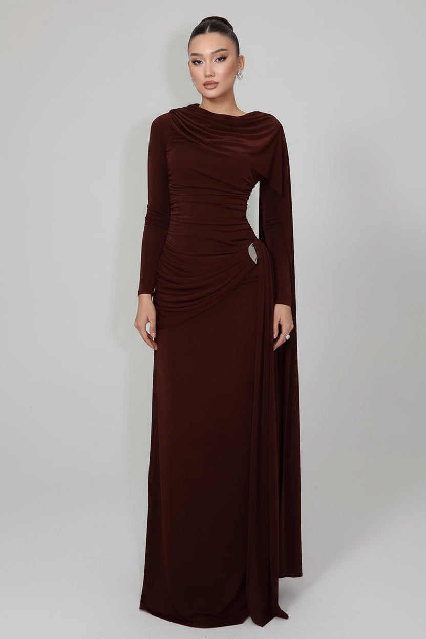 Vestido Longo Ajustado ao Corpo de Manga Longa com Franzido e Fita Lateral