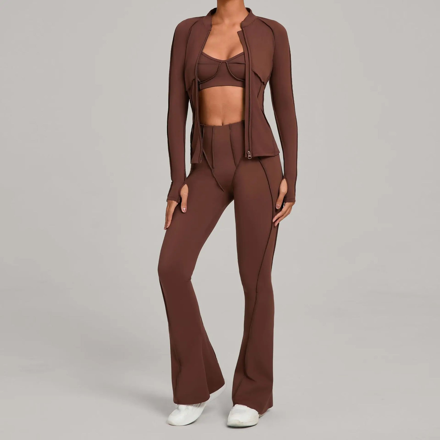 Conjunto Esportivo Feminino 3 Peças – Jaqueta com Zíper + Top + Calça | Yoga, Corrida e Treinos ao Ar Livre