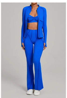 Conjunto Esportivo Feminino 3 Peças – Jaqueta com Zíper + Top + Calça | Yoga, Corrida e Treinos ao Ar Livre
