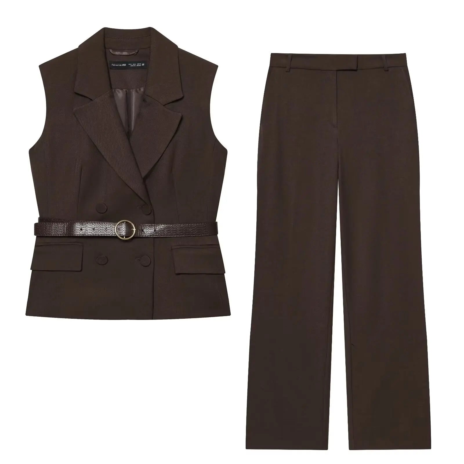 Conjunto Contemporâneo Sem Mangas com Cinto e Calça de Alfaiataria