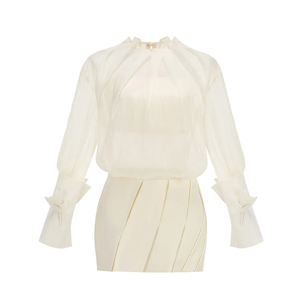 Conjunto Glow de Blusa Transparente com Manga Longa e Saia Modeladora