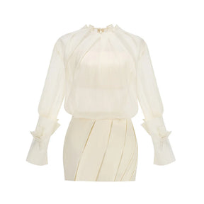Conjunto Glow de Blusa Transparente com Manga Longa e Saia Modeladora