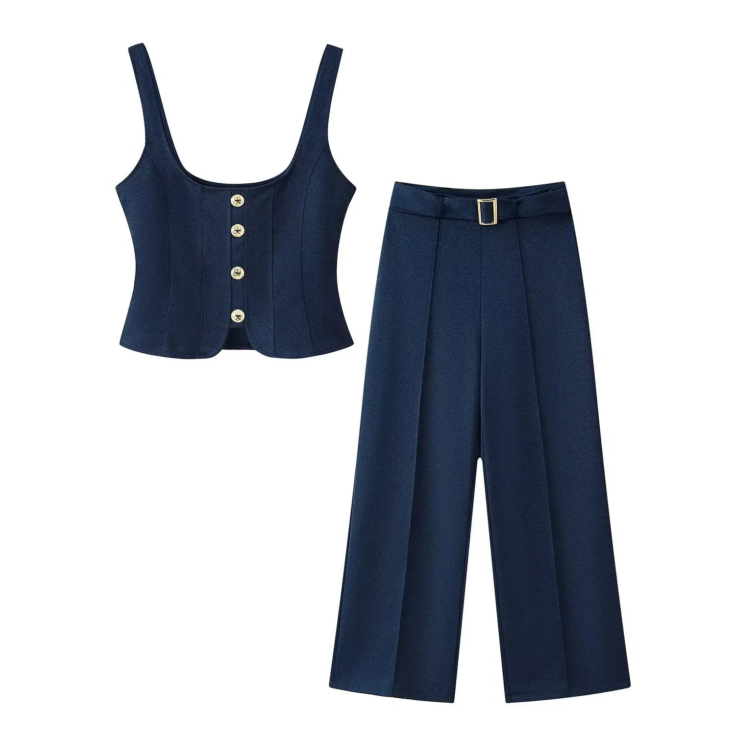 Conjunto Alfaiataria Linéa Classique - Top Curto com Botões & Calça Flare de Cintura Média
